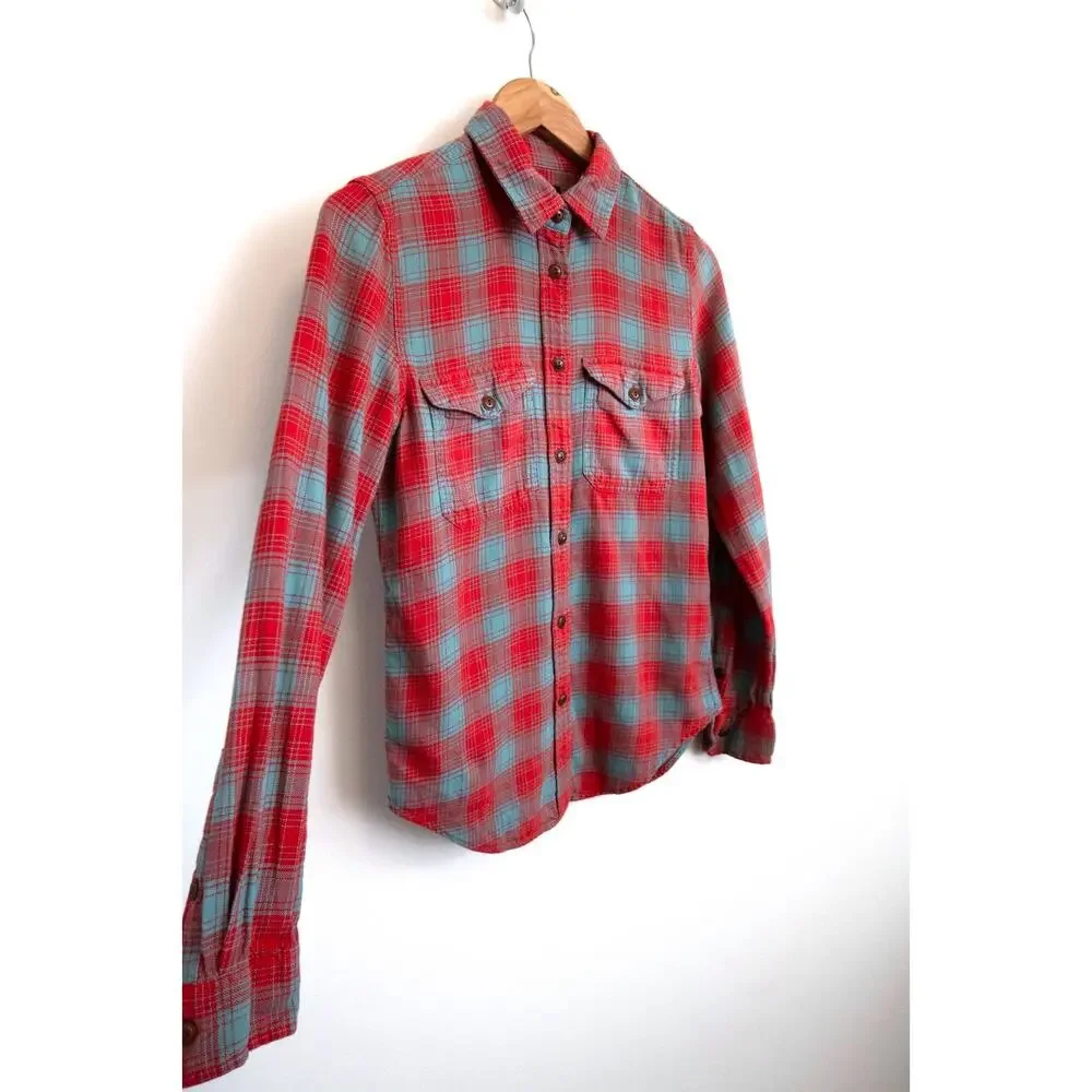 FILSON SEATTLE Scout Cotton Flannel Red Turquoise Plaid Button Shirt XS $115
